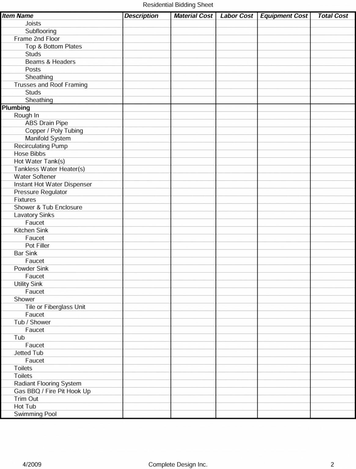 Printable Residential Bidding Sheet Detailed Construction Bid Checklist 
