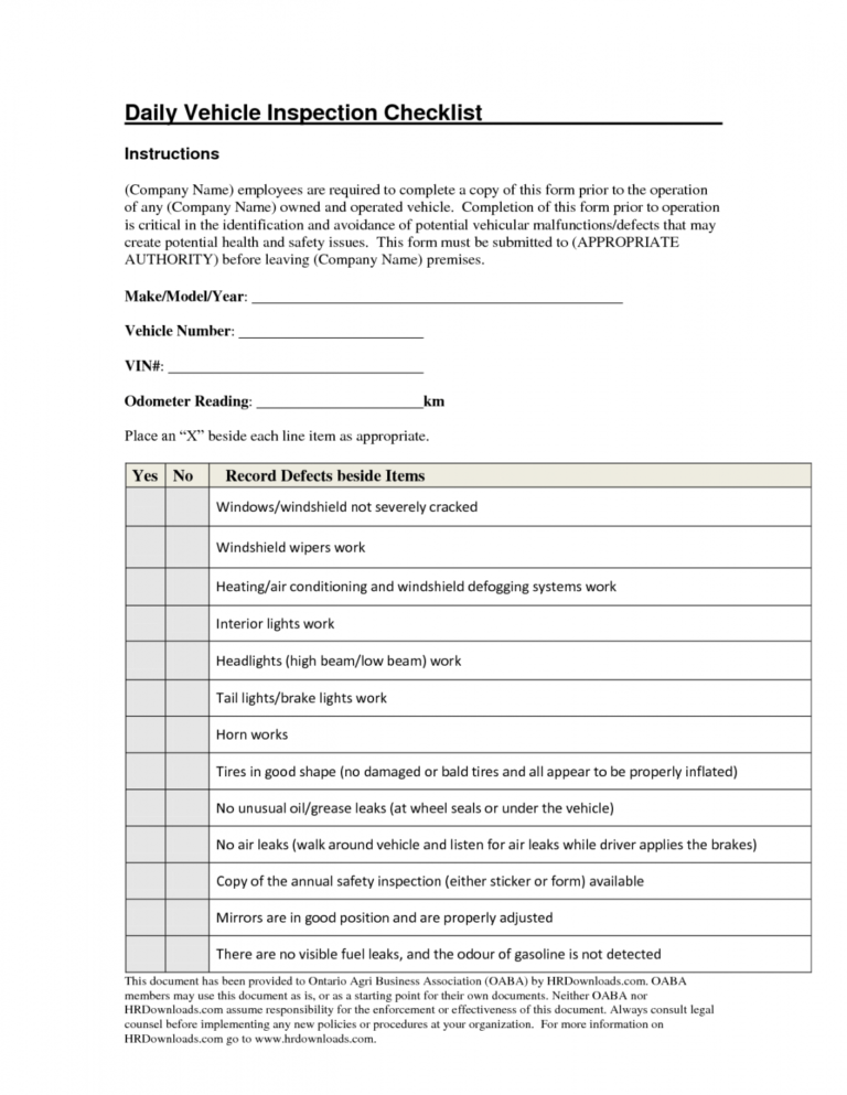 Printable Truck Inspection Checklist Template Samples And Ailer Pdf ...