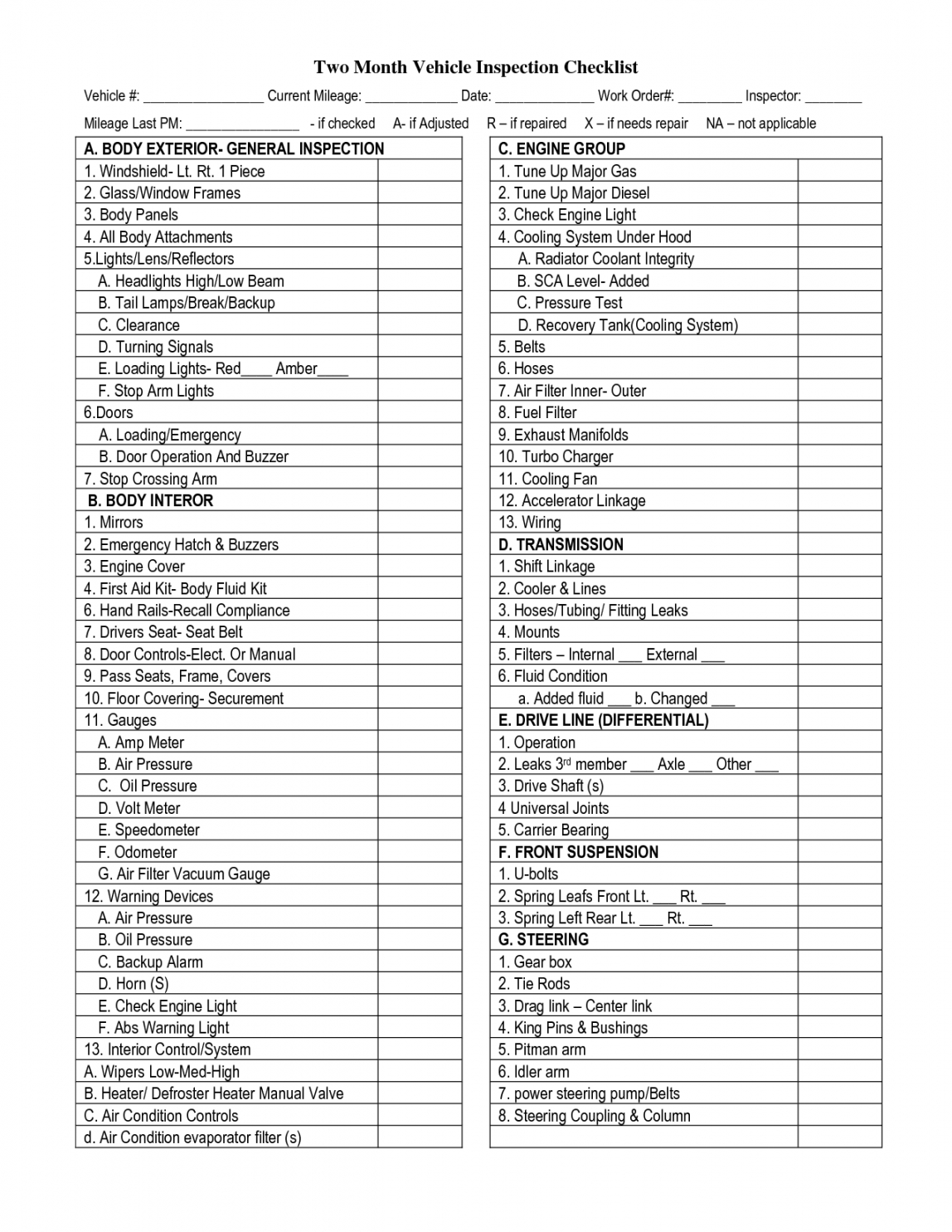 printable vehicle inspection checklist template  auto maintenance  vehicle fleet vehicle maintenance checklist template doc