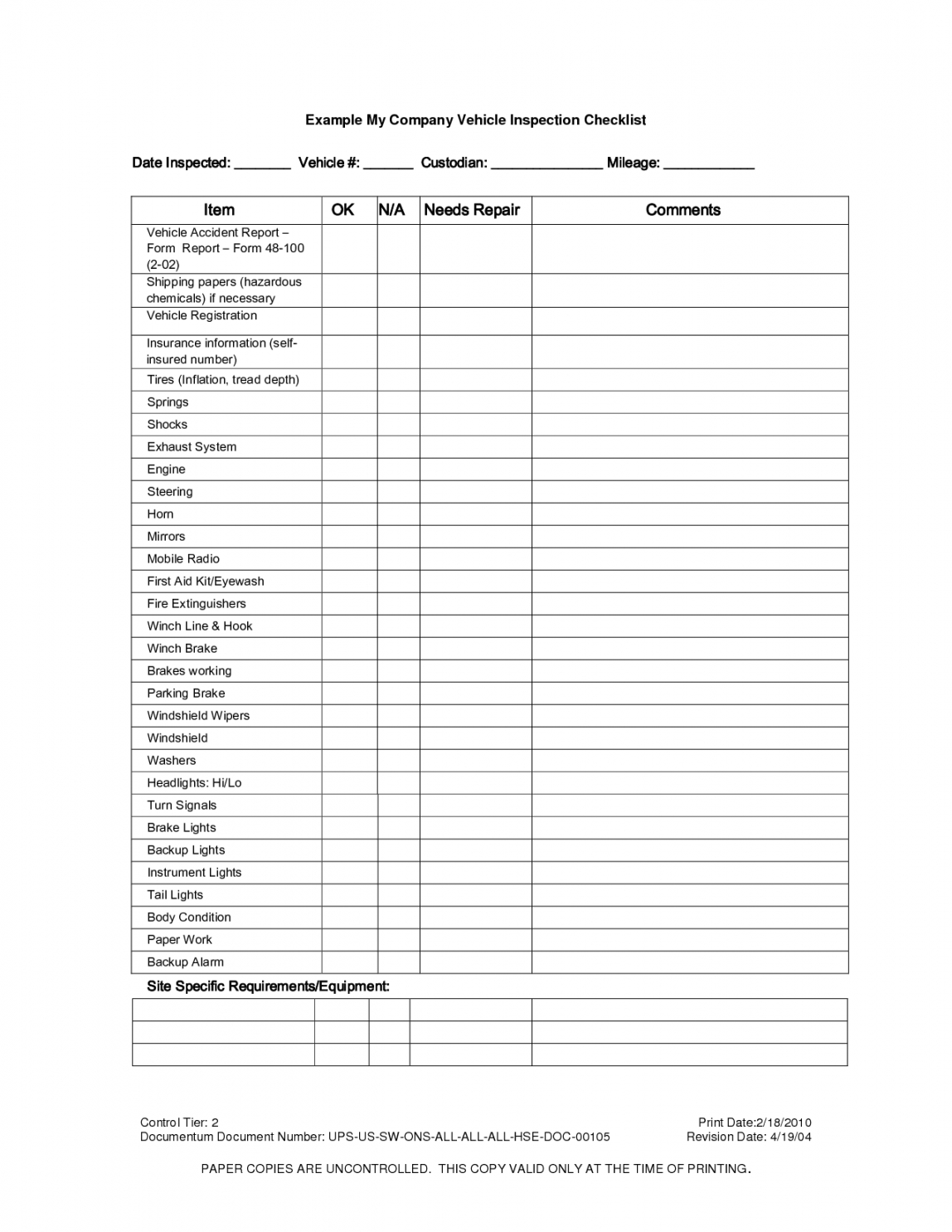 printable vehicle inspection checklist template  vehicle inspection  vehicle driver vehicle checklist template samples