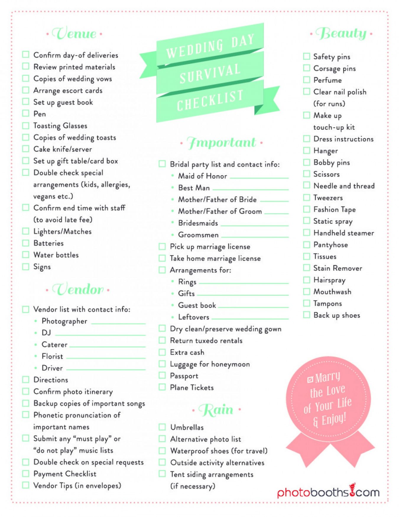 Printable Wedding Day Survival Checklist Visual Ly Vendor Template Sale ...