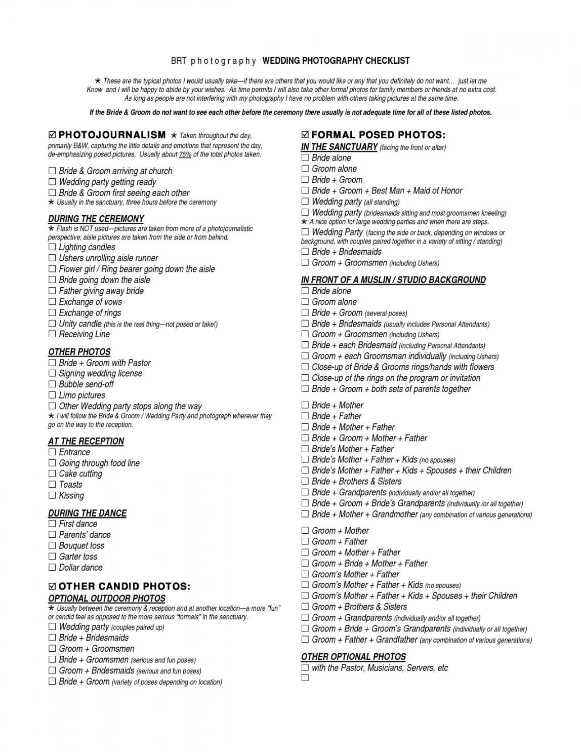 Wedding Photographer Checklist Template