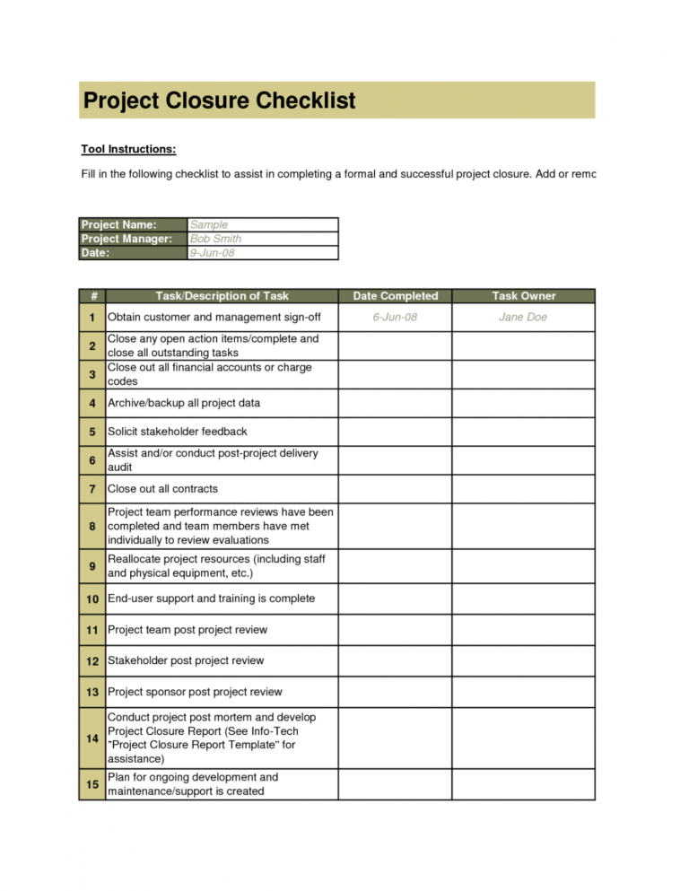 Project Closeout Checklist Sample With Closure Template Btsmmo Contract