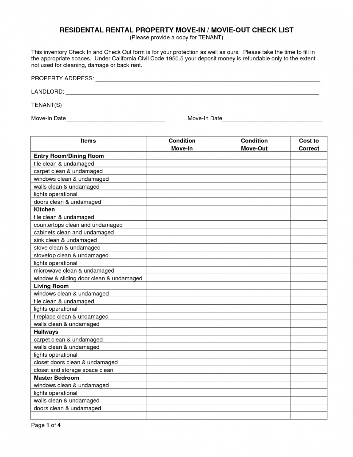 Printable Apartment Maintenance Checklist Template 