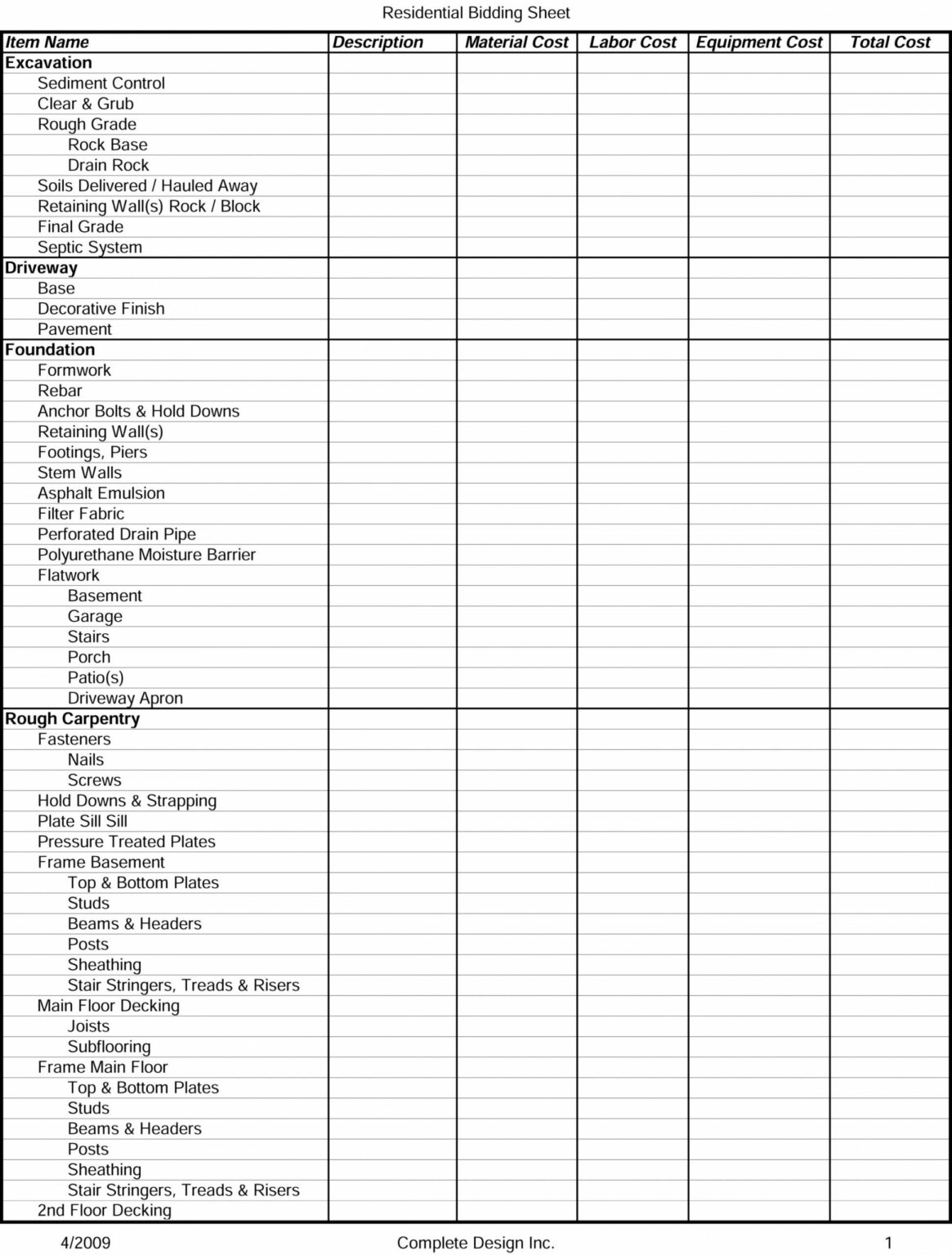 Residential Bidding Sheet Detailed Construction Bid Checklist Template ...