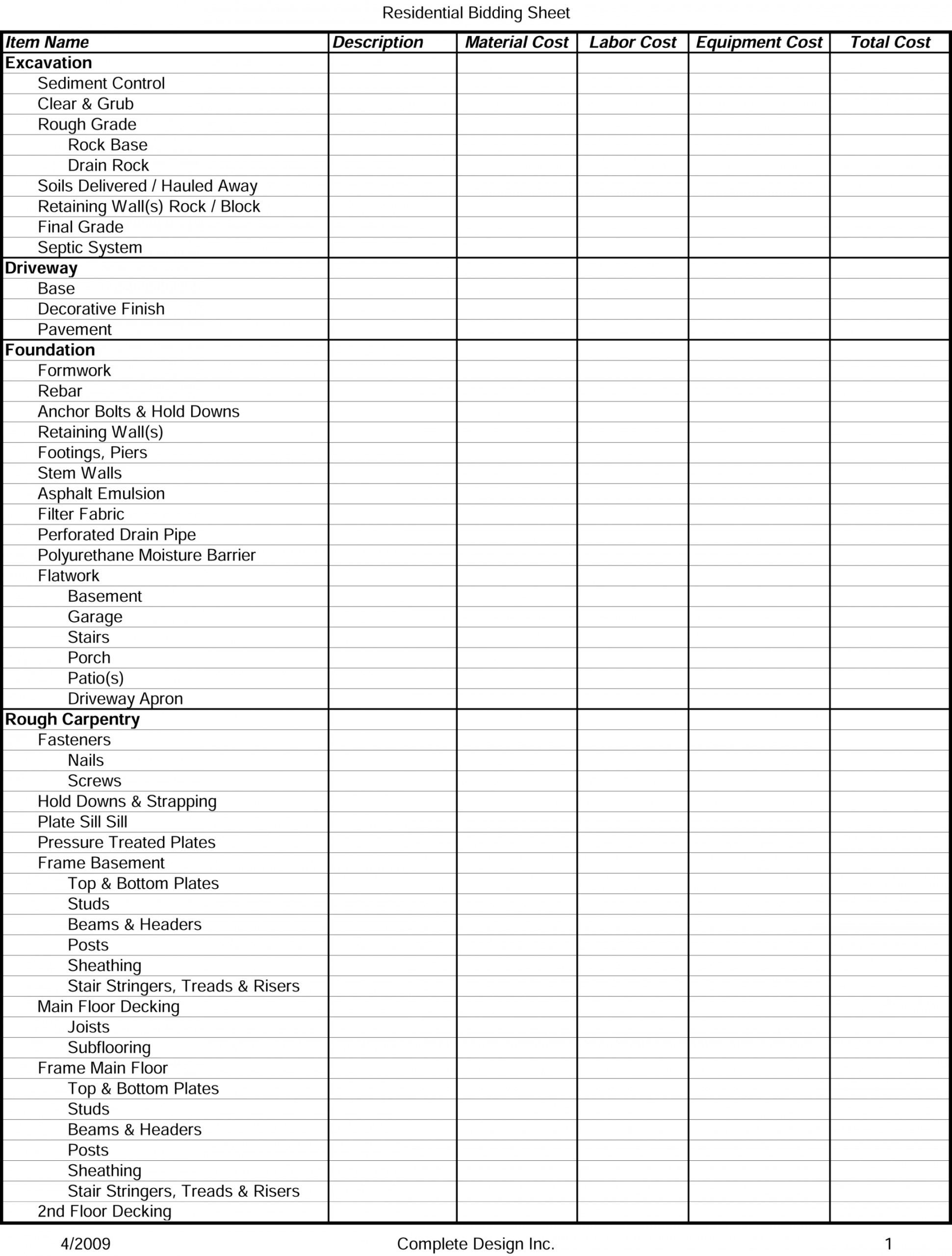 residential bidding sheet detailed construction bid checklist template excel
