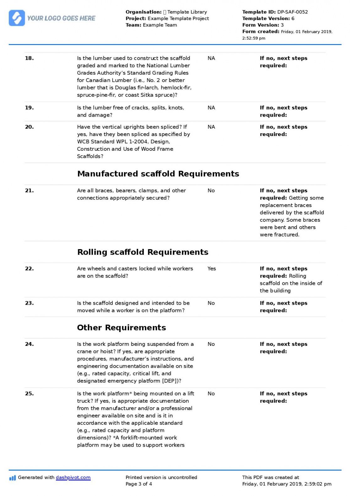 scaffold inspection checklist free template daily or weekly inspection scaffold inspection checklist free template pdf