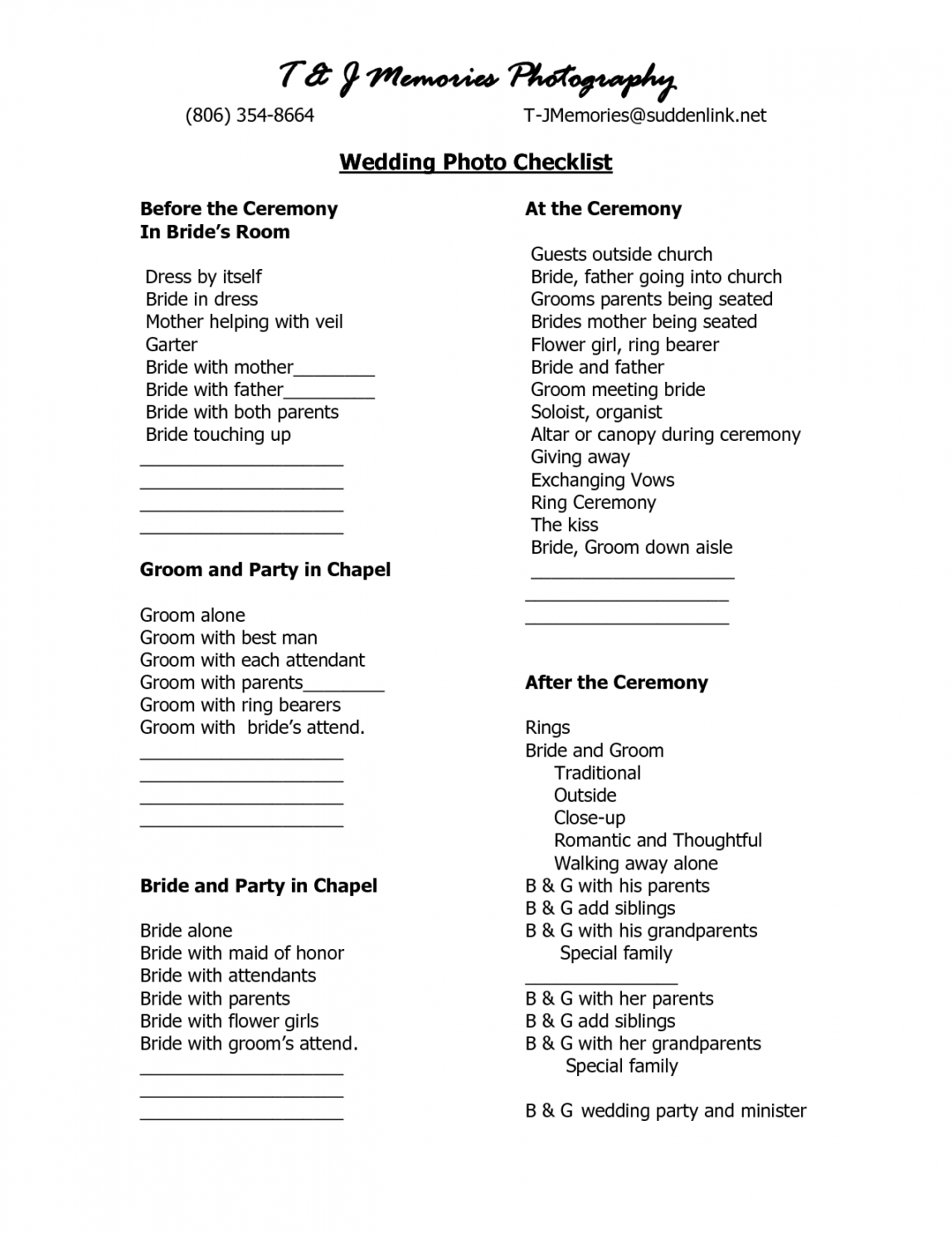 Wedding Photo Checklist Template