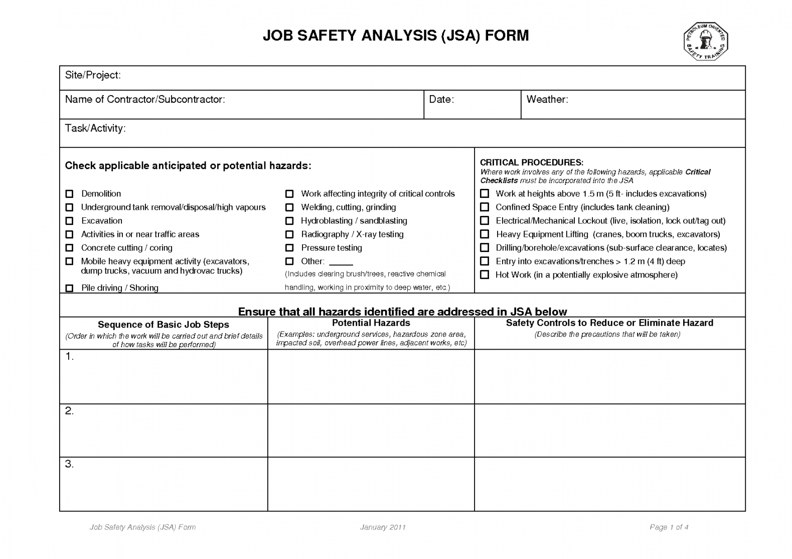 job safety analysis forms  job safety analysis form  jsa  risk job safety analysis template construction sample