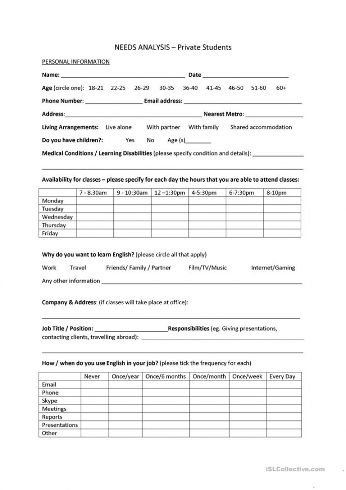 needs analysis template  private students worksheet  free esl customer needs analysis template doc