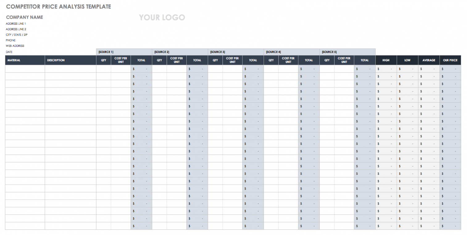 printable free price comparison templates  smartsheet cost price analysis template example