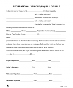 editable free recreational vehicle rv bill of sale form  word deposit form for bill of sale excel