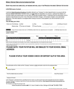 sample  direct deposit employee authorization form direct deposit payroll authorization form