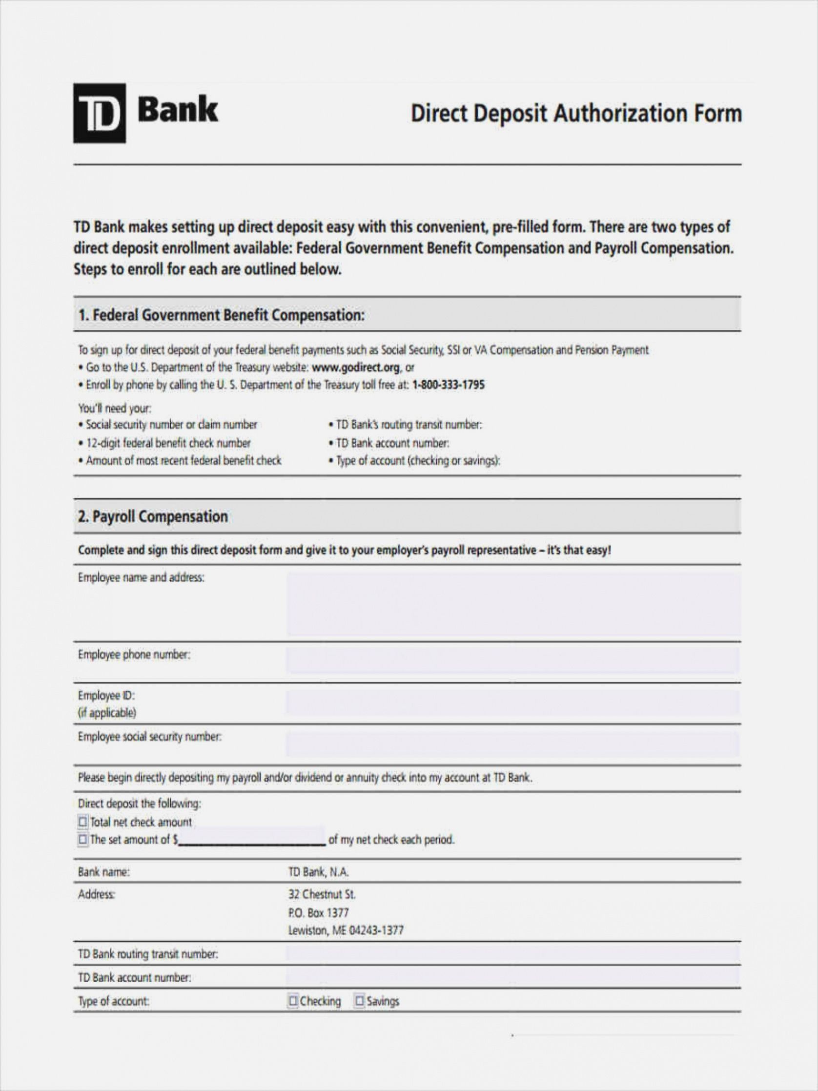 sample ✓ blank direct deposit authorization form sample 2383 federal government direct deposit form example