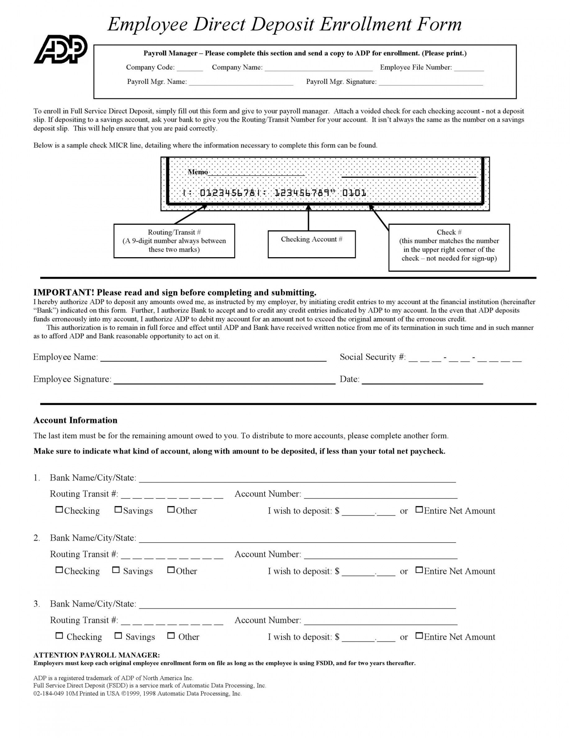 sample payroll direct deposit authorization form template  elim direct deposit enrollment form template sample