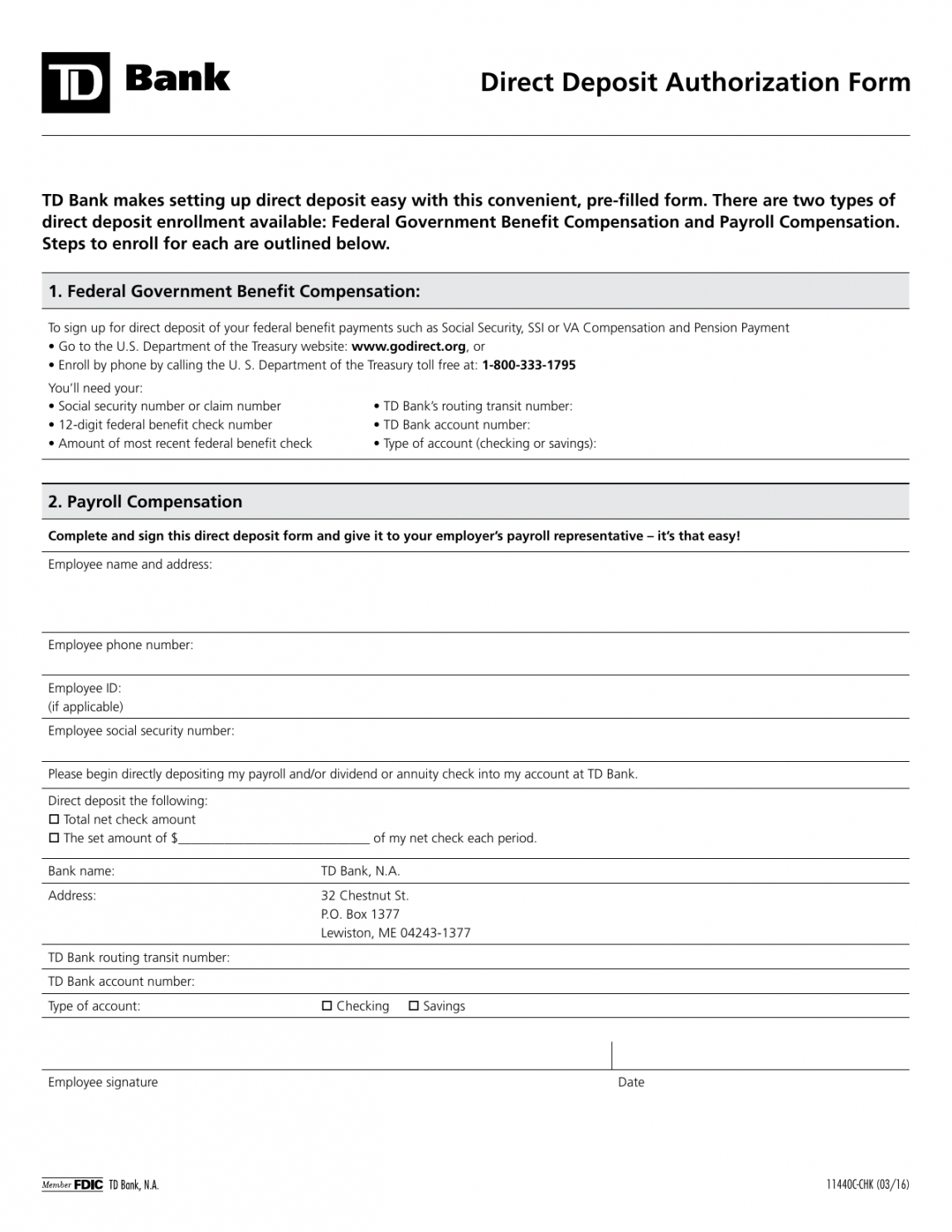 td federal government direct deposit form word