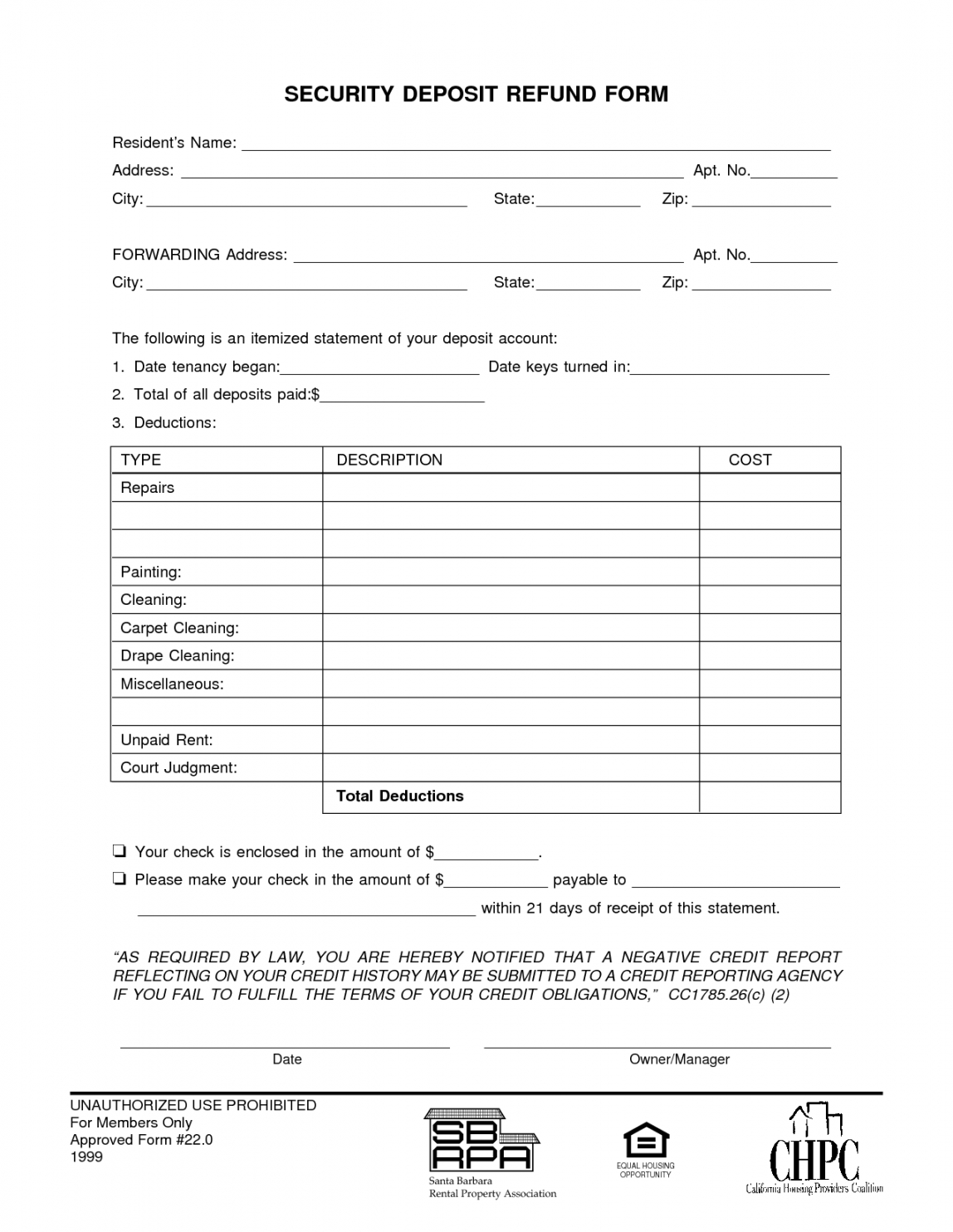 Security Deposit Return Form Template