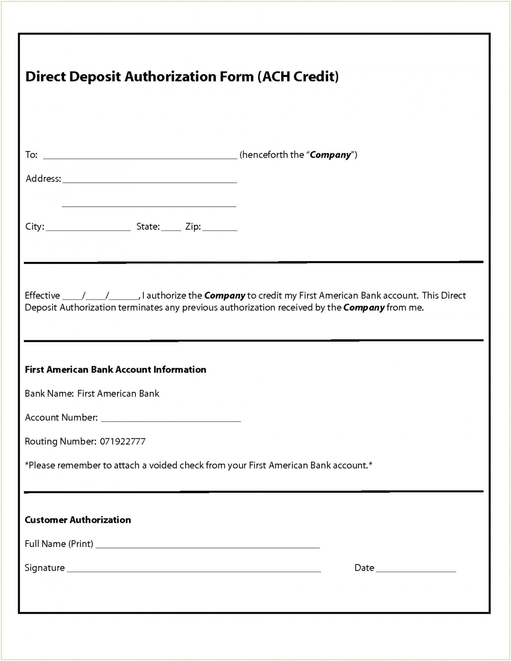 Blank Ach Authorization Form Template