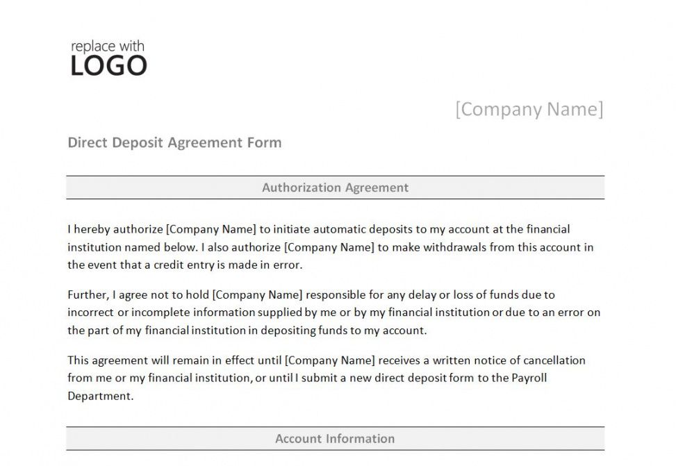 editable direct deposit form template  direct deposit form direct deposit agreement form template sample
