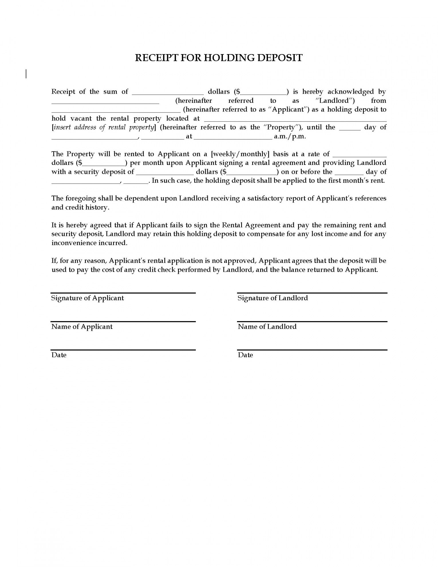 editable receipt for holding deposit on rental property  legal forms holding deposit form template example