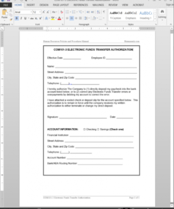 electronic funds transfer authorization template  com1013 electronic funds transfer deposit form template doc