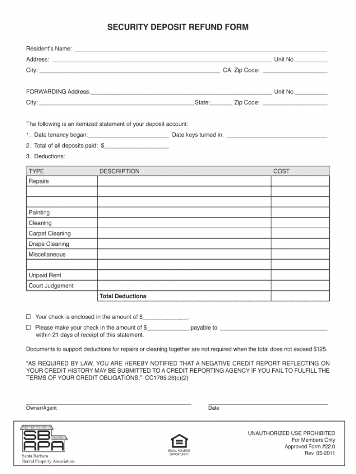 free 20112019 ca sbrpa form 220 fill online printable rental security deposit refund form doc