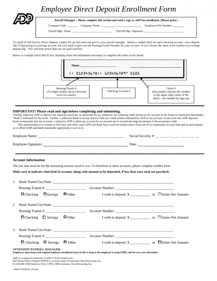 free adp direct deposit form tax refunds employee enrollment 2018 employee direct deposit enrollment form template sample