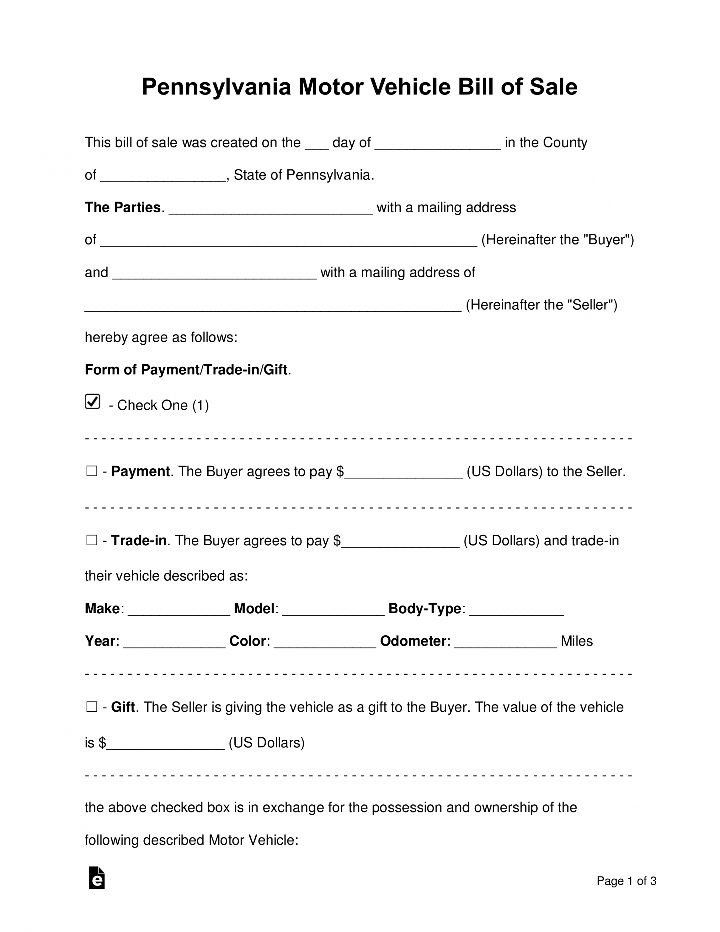 free free pennsylvania motor vehicle bill of sale form  word deposit form for vehicle purchase doc