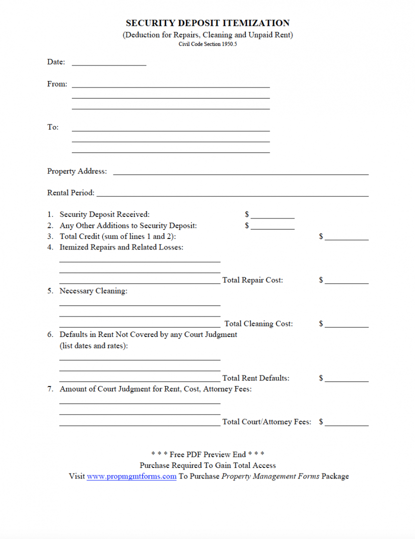 Free Security Deposit Itemization Pdf Property Management Forms 