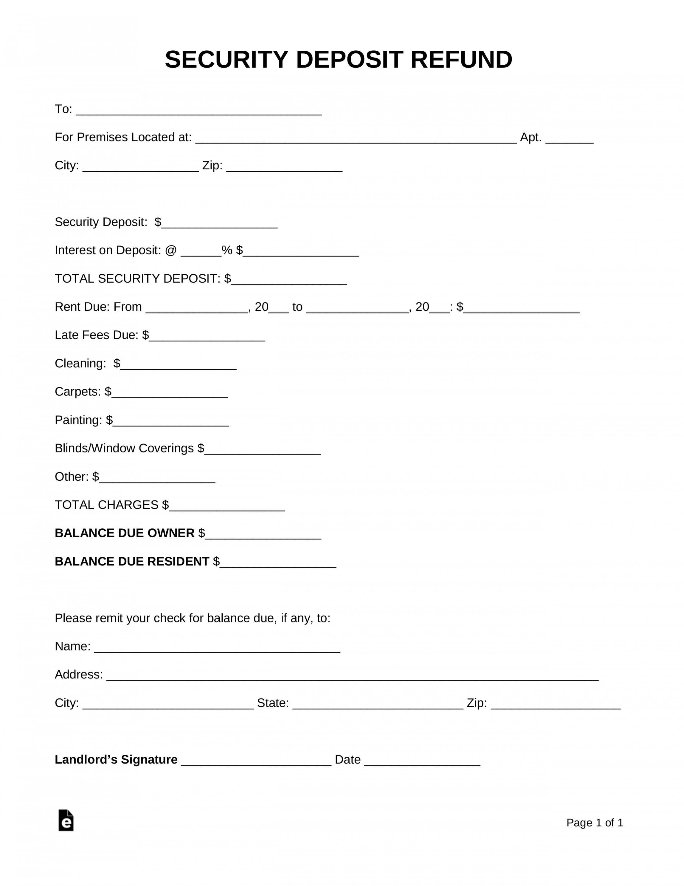 Landlord Security Deposit Return Form Landlord Security Deposit Return Form
