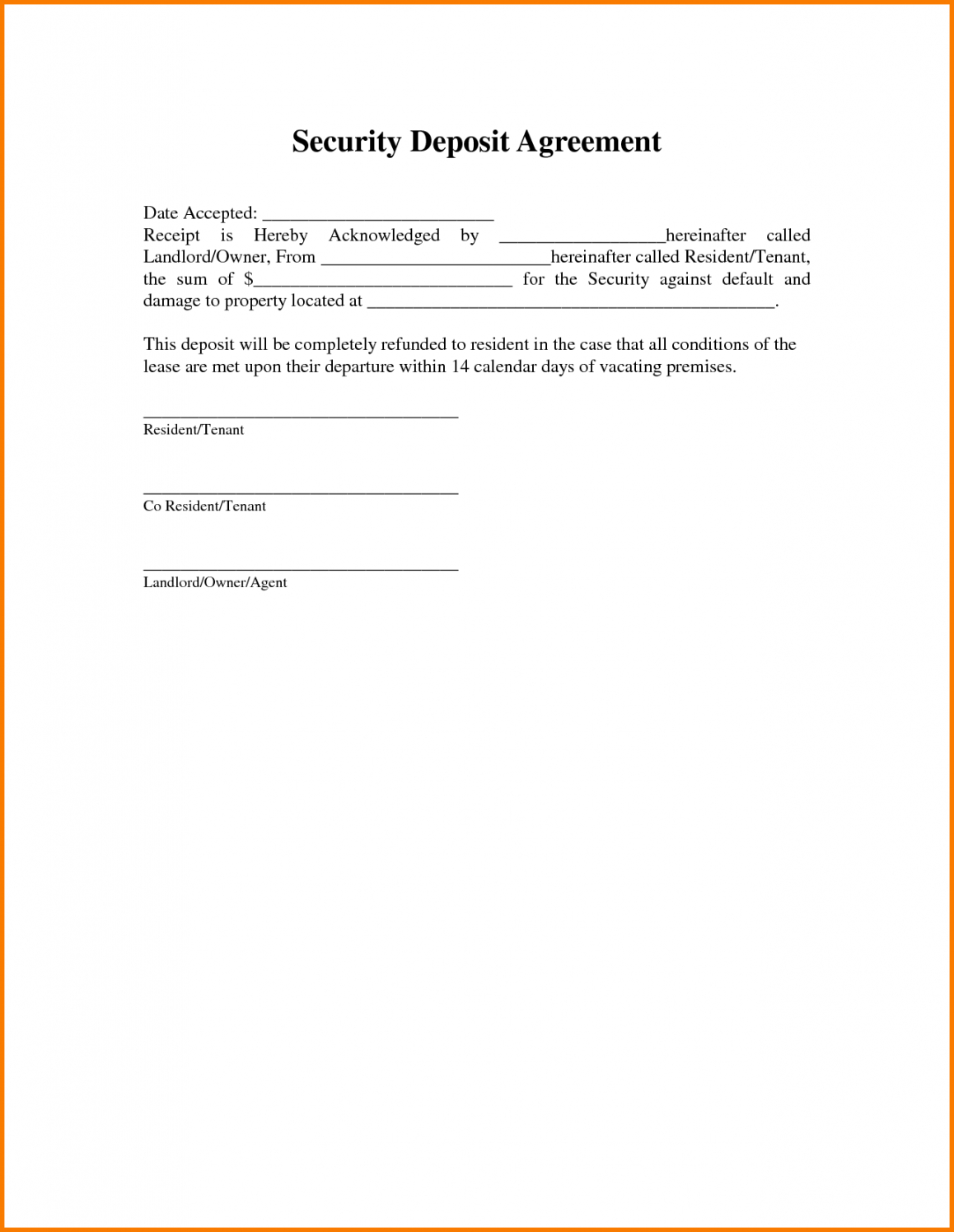 template deposit agreement hq printable documents