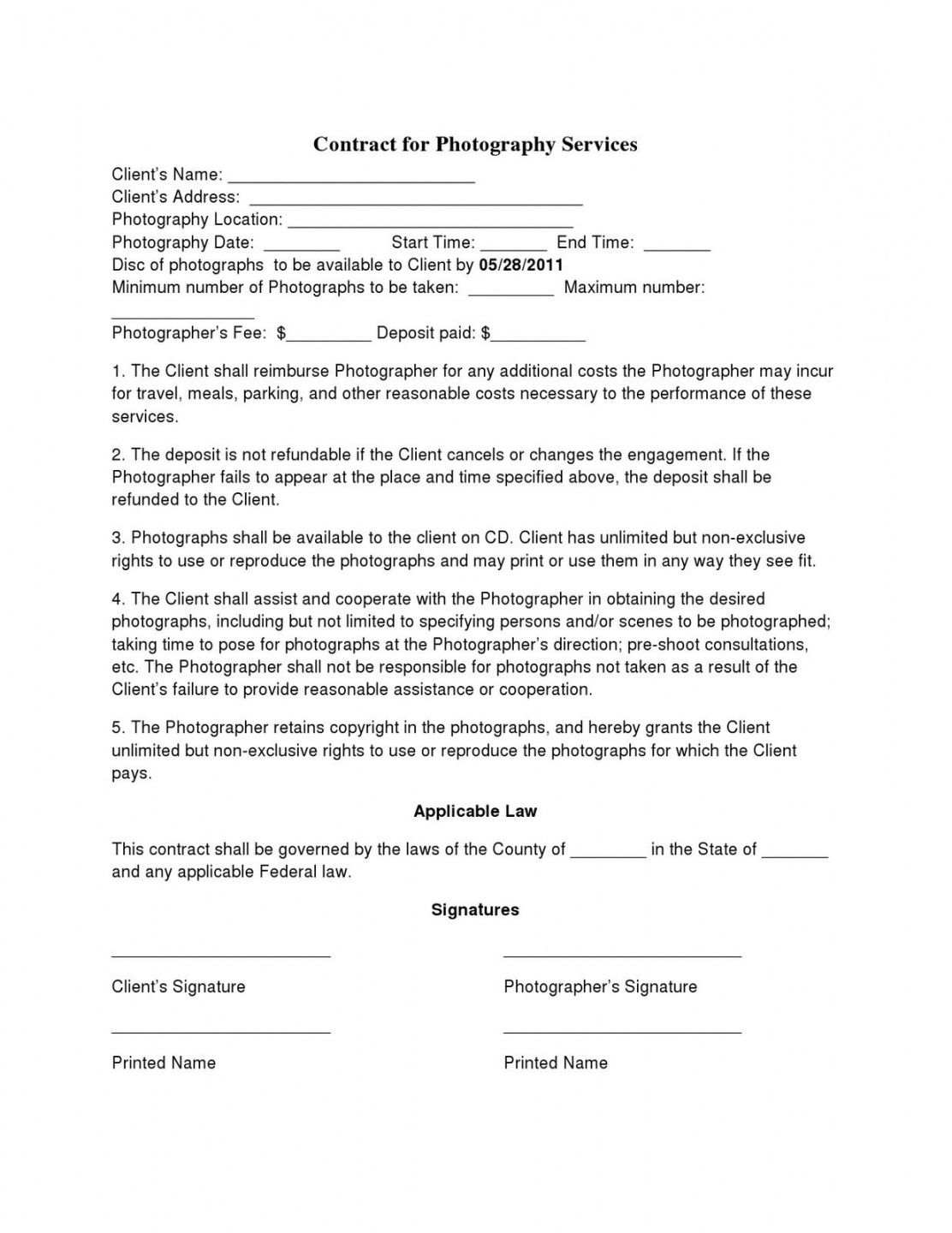 Photography Deposit Contract Template