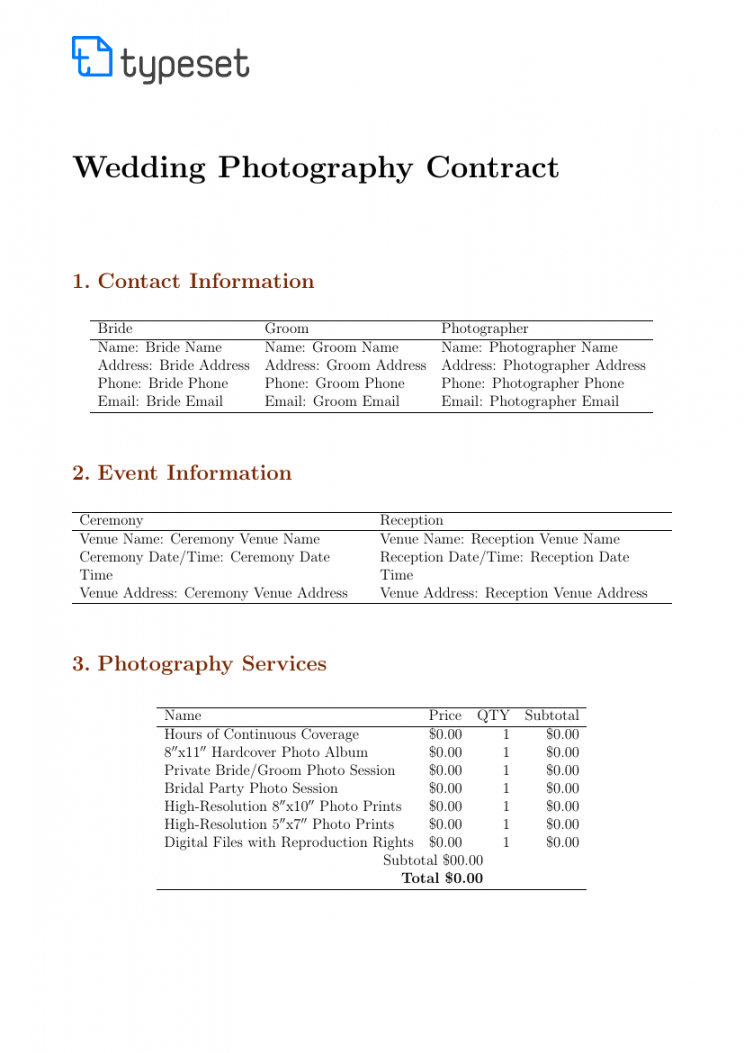 printable contracts  wedding photography contract template template photography deposit contract template