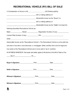 printable free recreational vehicle rv bill of sale form  word deposit form for vehicle purchase sample