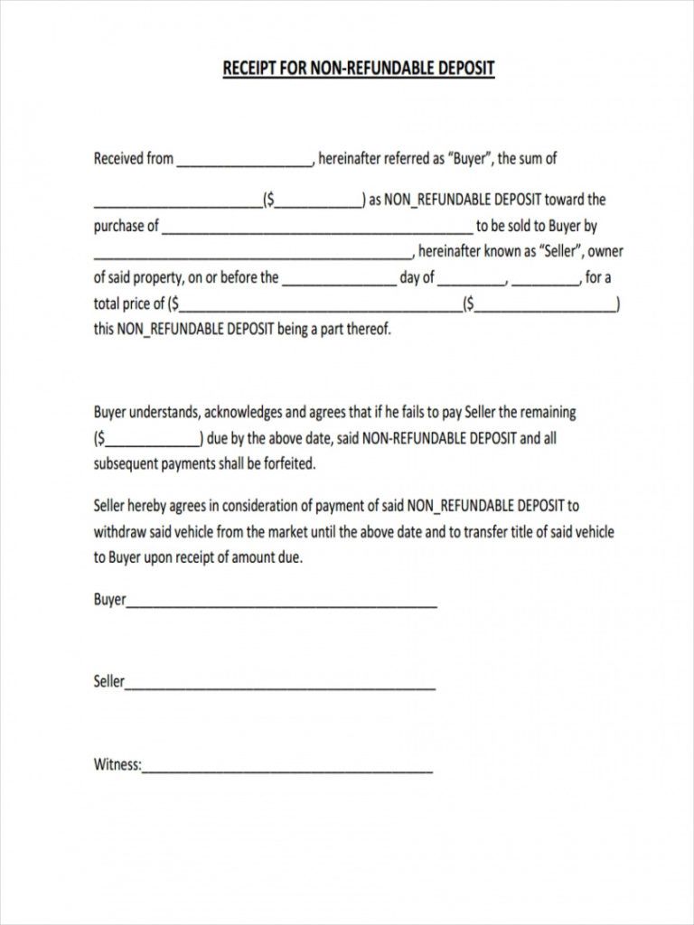 Printable Non Refundable Deposit Receipt Template Non Refundable Rental