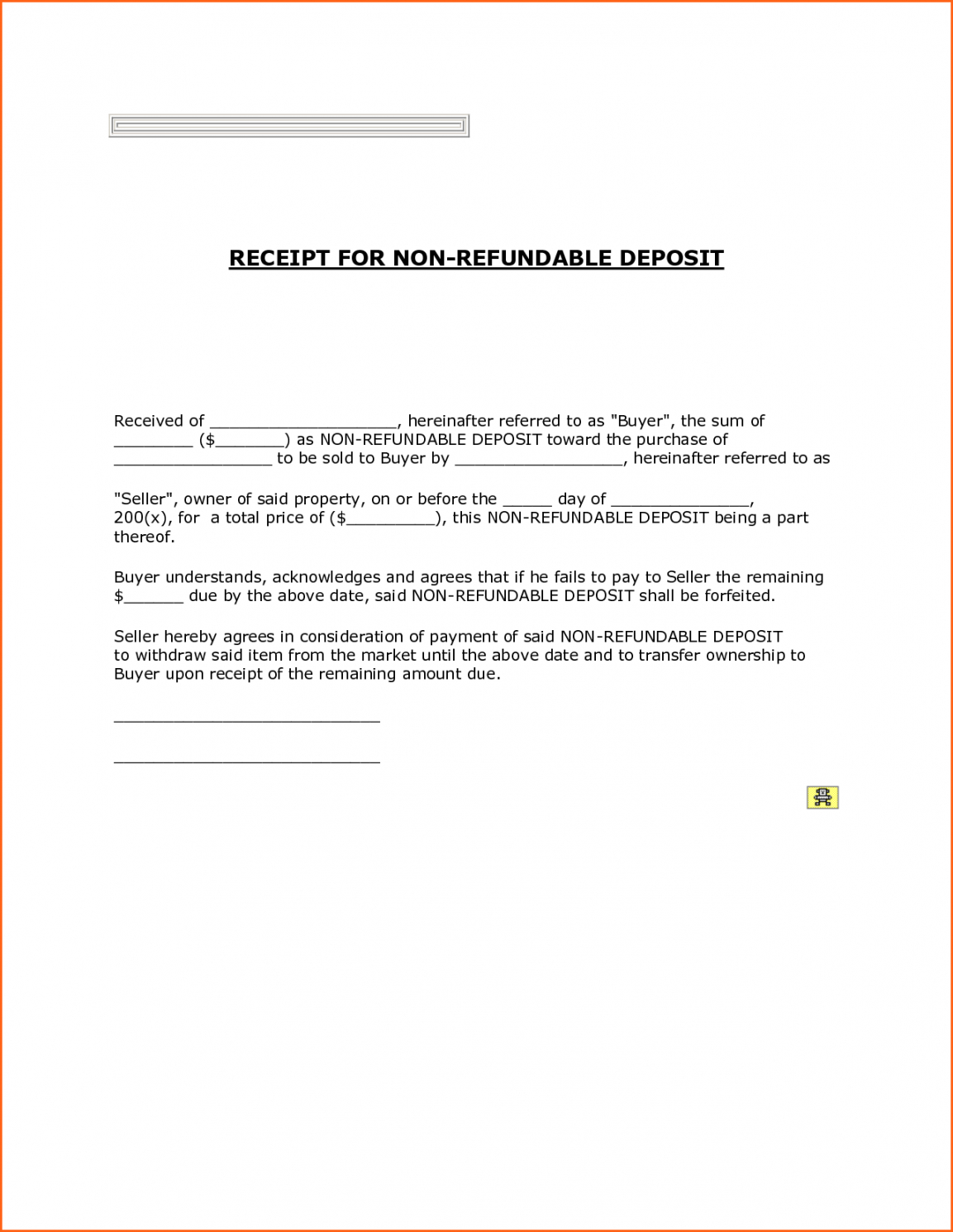 Printable Non Refundable Down Payment Receipt With Blank Form Fields