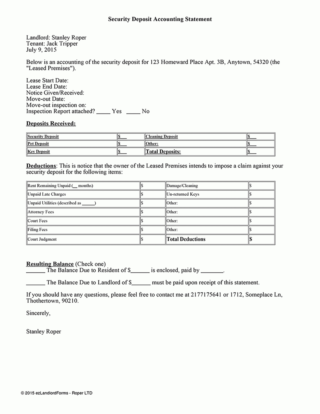 printable security deposit accounting statement  ezlandlordforms itemized security deposit deduction form