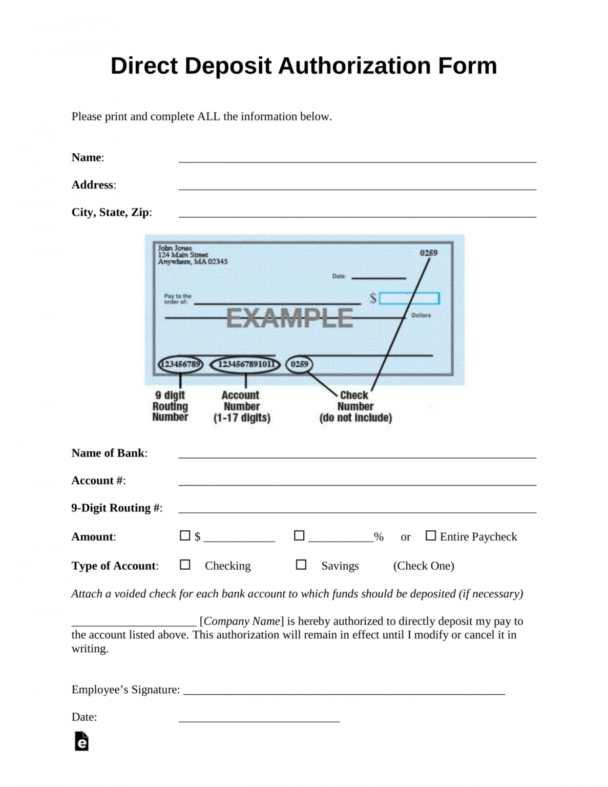 direct deposit authorization form from bank