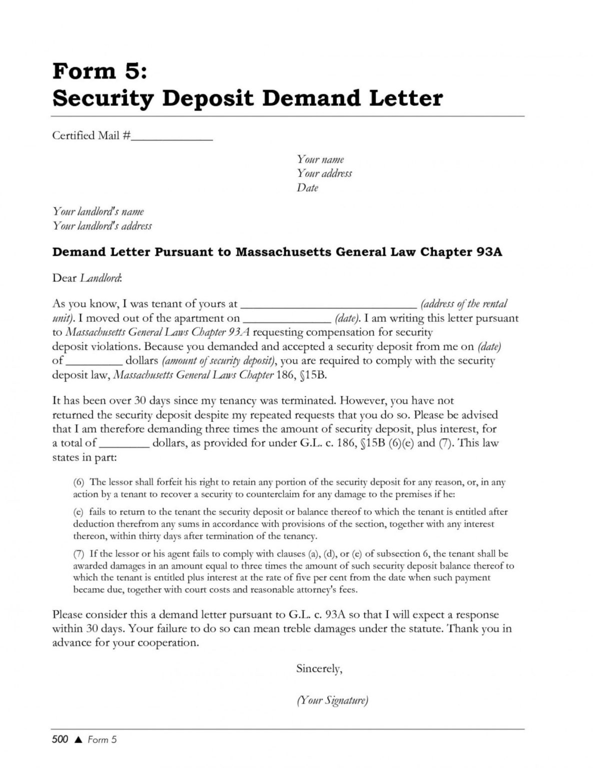 Demand Letter For Return Of Security Deposit