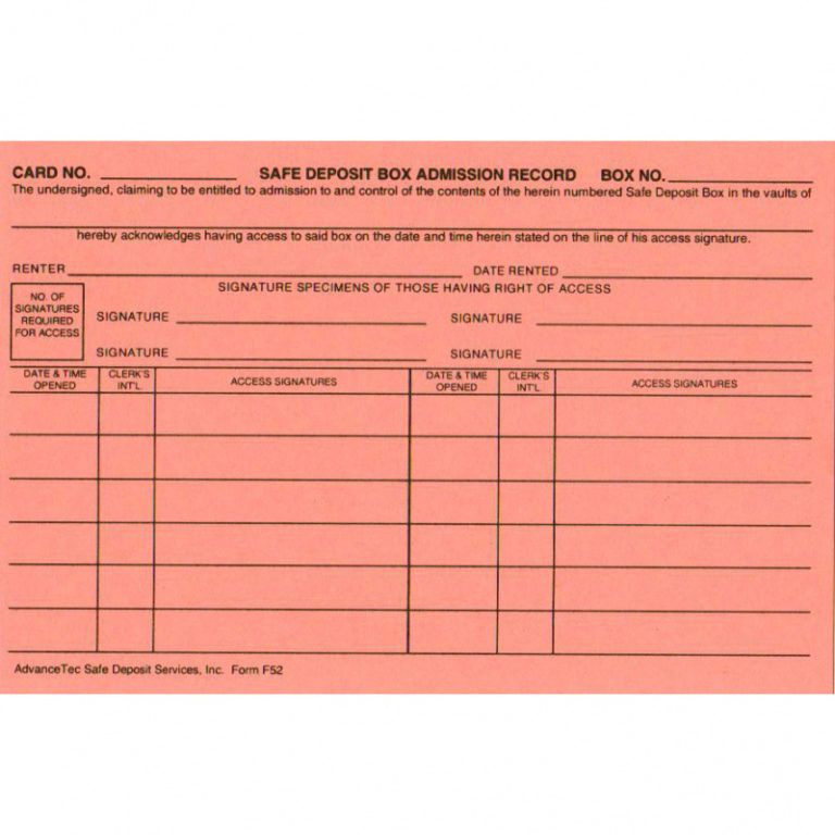 Editable F07B Safe Deposit Box Admission Record 5000 Advancetec Safe