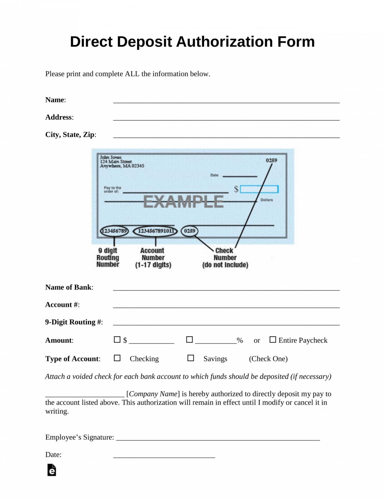 Authorization For Direct Deposit Employee Form