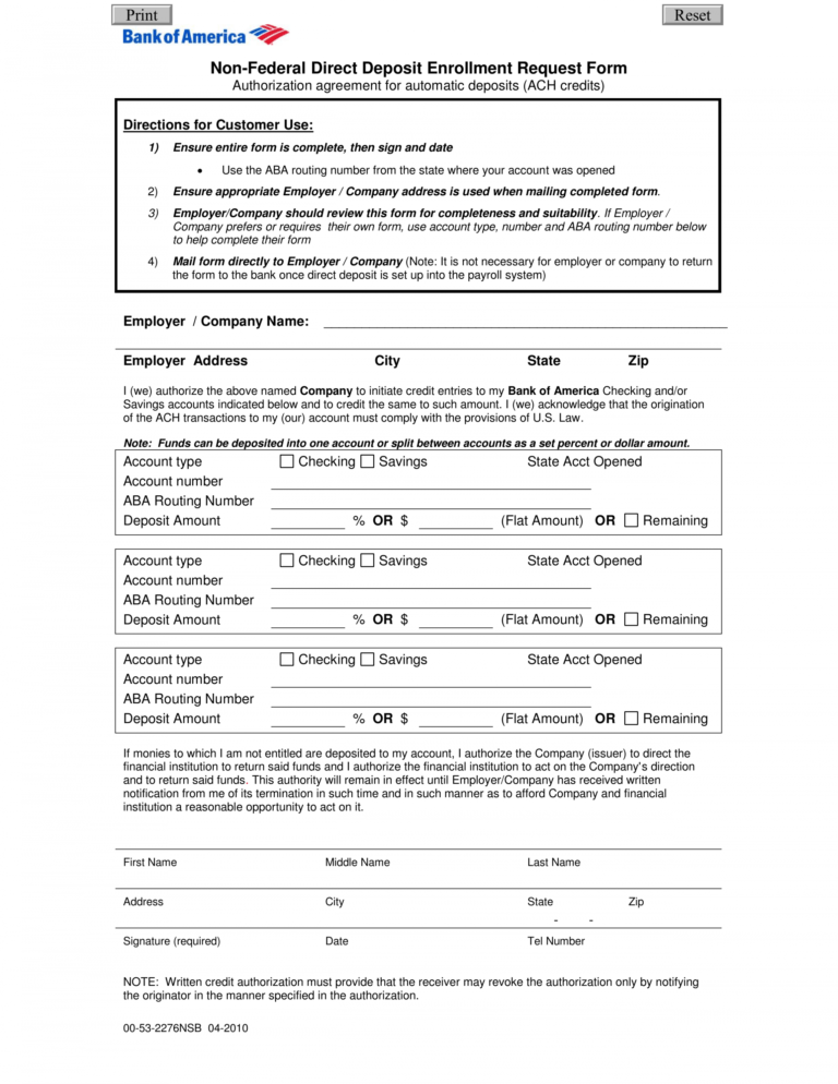 bank of america direct deposit form example