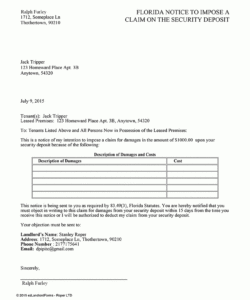 printable florida notice to impose a claim on the security deposit landlord letter to tenant regarding security deposit return example