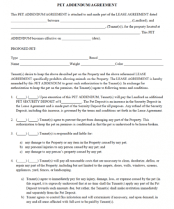 printable pet addendumagreement pdf  being a landlord rental apartment rental deposit agreement pdf