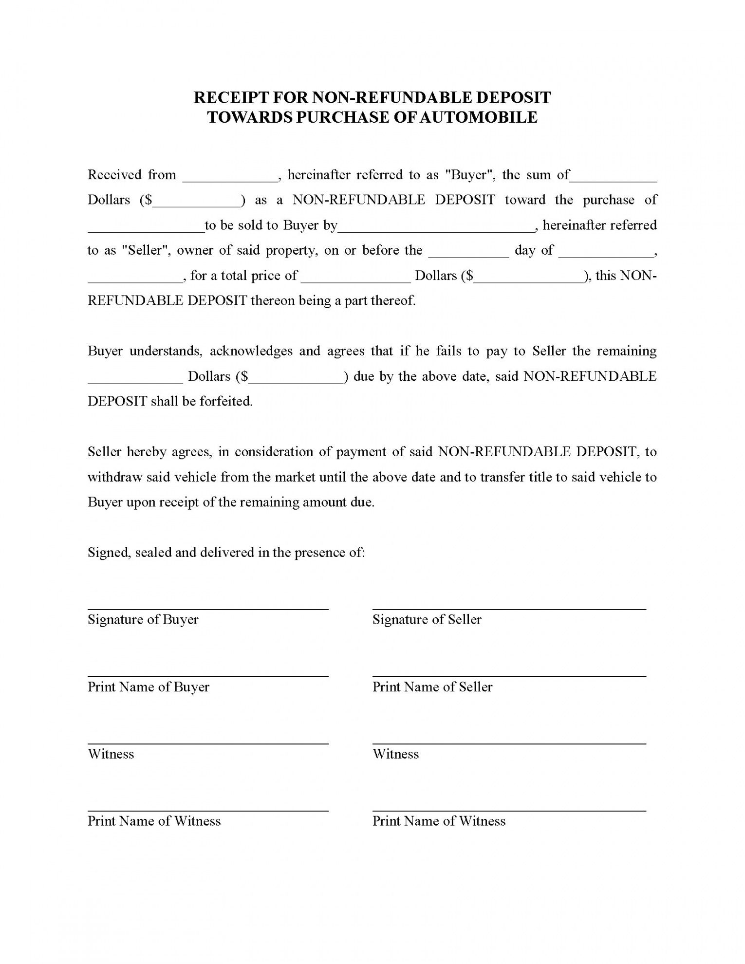 printable receipt for deposit on purchase of vehicle  legal forms and vehicle deposit agreement form