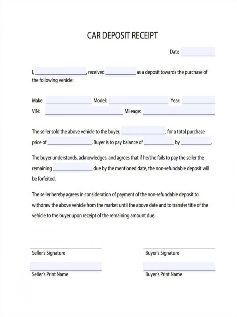 Sample 046 Security Deposit Receipt Example Vehicle Agreement Form 