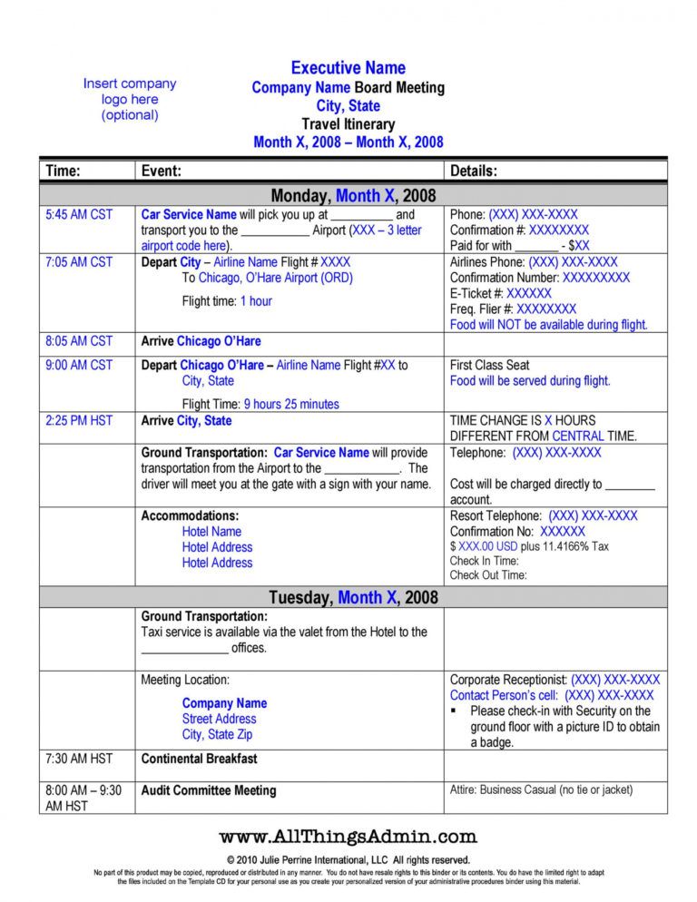 Itinerary Template Free Download