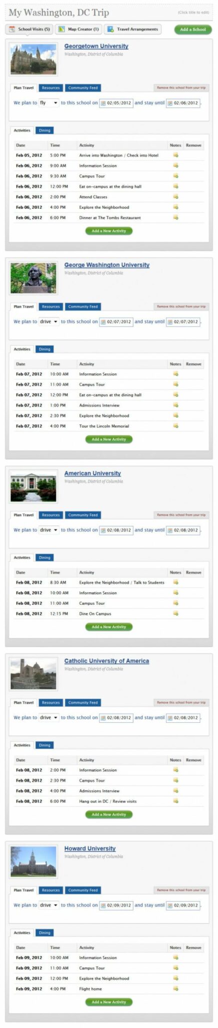 college tour itinerary template