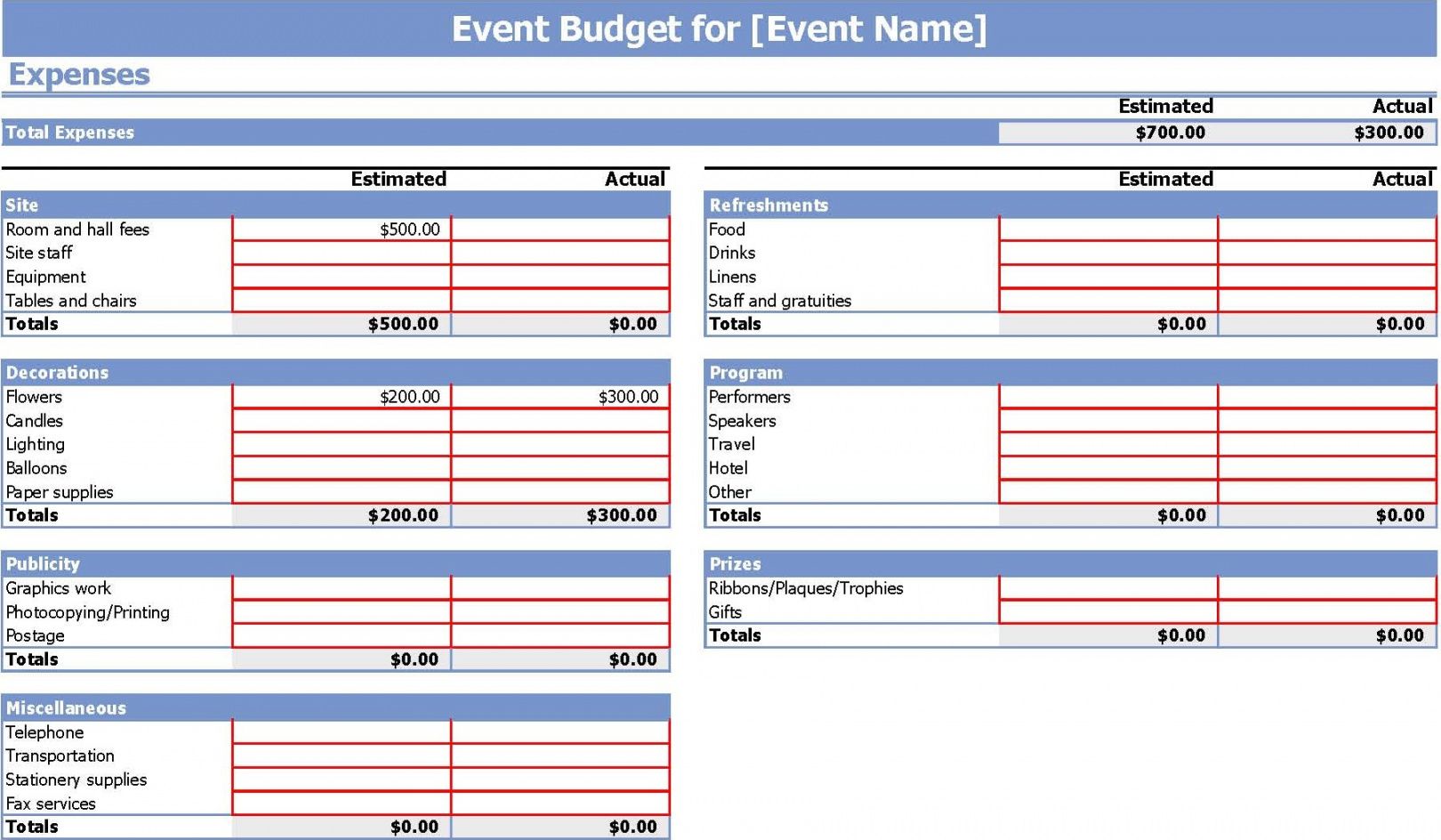 event planning budget template excel