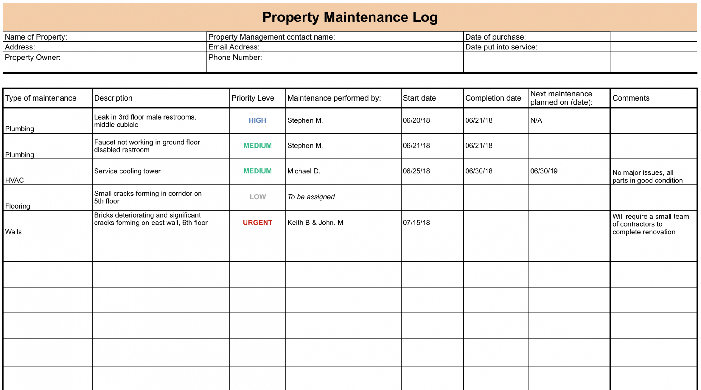 Facility Maintenance Log Template Excel